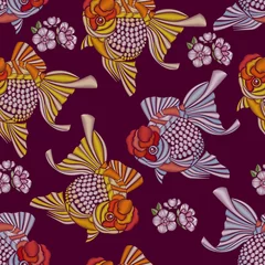 Dekokissen Embroidered decorative goldfish and cherry blossoms. Vector decorative element for embroidery, patches and stickers. Seamless pattern © elfhame