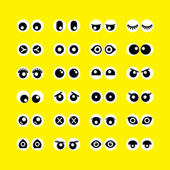 Fototapeta premium Cute assorted cartoon circle eyeballs emoji icons set on yellow background
