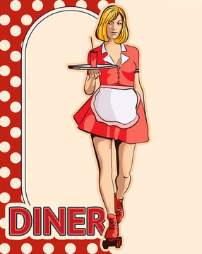 Waitress With A Tray On Roller Skates, Vector Art. Waitress From A Diner. Short Skirt.