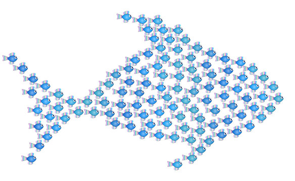 Little fishes get together forming a big fish to be strong, safe and powerful - isolated vector illustration on white background.