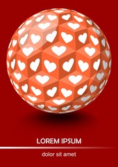 Red background in optical art style, sphere with cubes and white hearts