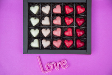 Delicious heart-shaped chocolate  pralines.