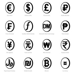 World currency signs placed in the stylized circles: euro, dollar, pound, ruble, franc, guilder, deutsche mark, peso, yen, yuan, won, rupee, riyal, shekel, bitcoin - stock vector
