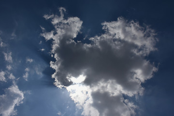 Fototapeta na wymiar 青空と雲に隠された太陽「空想・雲のモンスター（雲の右上部（ワニ）や黒い雲のモンスター（シルエット、右側が、目や口）」（のぼりつめる、夢の実現、到達、天空を遊ぶようなイメージ）