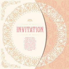 Retro Invitation or wedding card with damask background and elegant floral elements