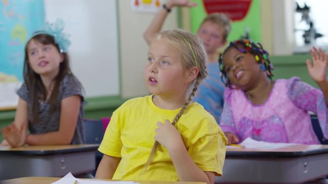 Students raise hands in school classroom