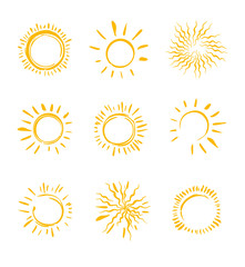 Nine painted sun symbols. Vector set of solar icons.