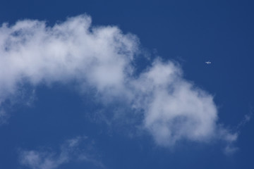 Naklejka na ściany i meble 大空を飛ぶ航空機と不思議な雲「空想・雲のモンスター」（夢、未来、成功、栄光、勝利、成功企業などのイメージ）白いカーブをした雲の部分などにキャッチコピースペース（案「未来はそこに！」「負けない心！」など。（青空に文字を配置する案もありますが、あえて、タイトルによっては、雲の部分に曲線的に配置することで、インパクトが得られるかもしれません）