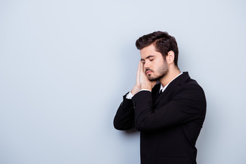 Dream at work. Tired overworked bearded employee in formalwear sleeping after working day
