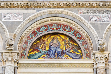 Mosaic by Giuseppe Modena da Lucca, of the Blessed Mary, lunette above the middle door of the Cathedral (Duomo) - Pisa, Tuscany, Italy