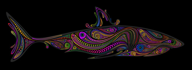 Silhouette sharks vector of colored patterns on a black background