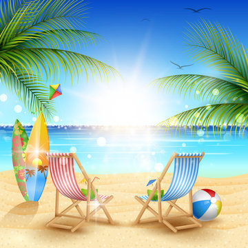 Summer holidays beach background with chair and surfboards