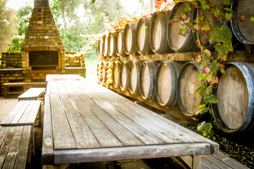 wine wooden barrels at winery