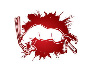 Oryx jumping to attack with long horn on splatter blood background graphic vector