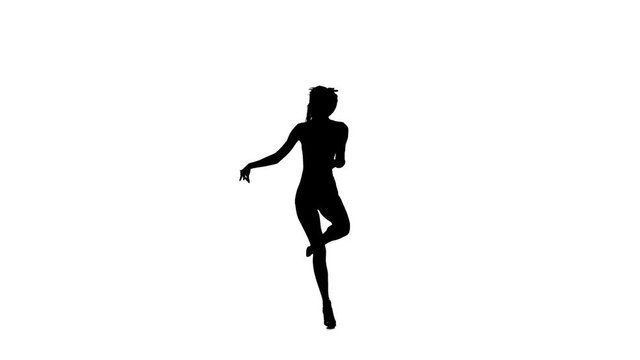 Slim professional dancer girl dancing rumba on white background, silhouette