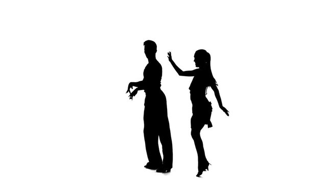Couple silhouette professional dancing rumba on white background, alpha channel