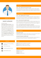 Vector resume cv minimalist template. Editable and ready to print layout, orange version.
