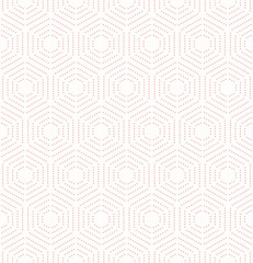 Geometric repeating vector pink ornament with hexagonal dotted elements. Geometric modern ornament. Seamless abstract modern pattern