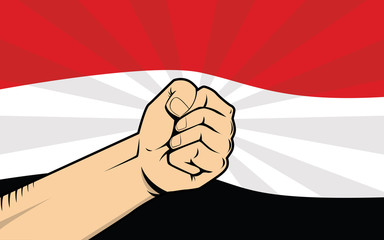 yemen fight protest symbol with strong hand and flag as background