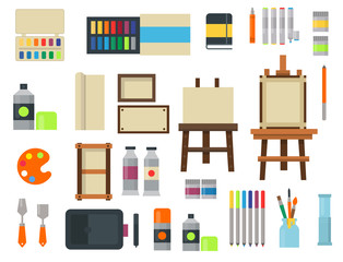 Painting art tools palette icon set flat vector illustration details stationery creative paint equipment.