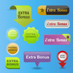 Colorful website extra bonus buttons design vector illustration glossy graphic label template banner.