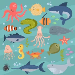 Papier Peint photo Vie marine Animaux de dessin animé sous-marin de la vie marine personnages marins mignons poisson aquarium illustration vectorielle aquatique tropicale.