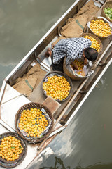 Merchant selling fruit from a boat on river, Thailand