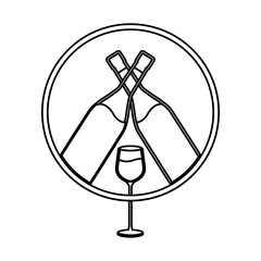 two bottles and glass cup of wine - outline vector illustration