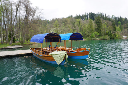 Sailing boat at the port in Bled lake