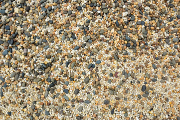 Wide angle view of small pebbles beside the sea