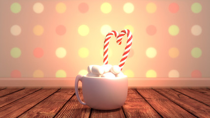 Hot chocolate with marshmallows and candy canes. Classic comfort food for cold weather and holiday season. Merry Christmas and Happy New Year greeting card. Glowing lights effects. 3d render picture.