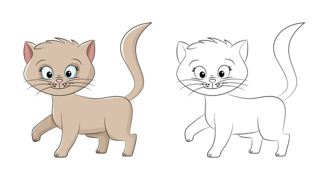 Illustration of a cute cat, painted and contour