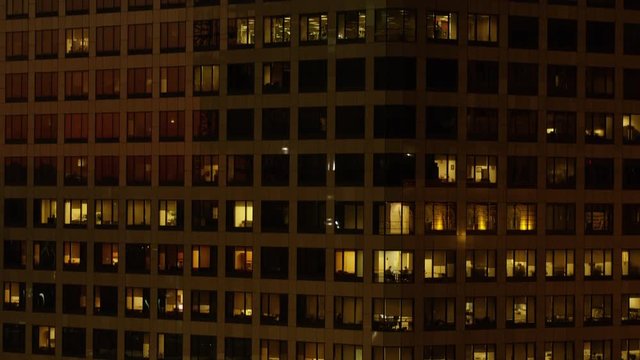 City buildings at night in downtown Los Angeles