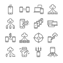 Big data and data transfer vector line icon set. Included the icons as
 cloud, storage, computing, mobile data transfer and more. 