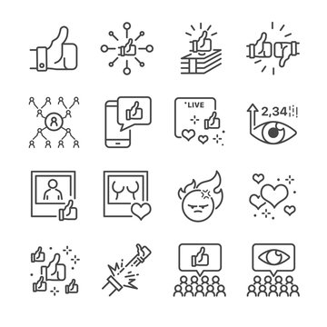 Social network vector line icon set.  Included the icons as
 like, live broadcasting, share, number of views and more. 