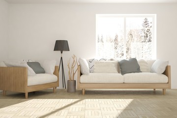 White modern room with sofa. Scandinavian interior design. 3D illustration