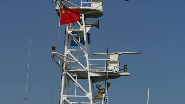 Passenger ships mast.tanker,yacht,boat,Chinese national flag.