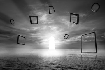 Gate of life ,Illuminated door Symbol of good deed ,Imaginative concept. Use Islamic arches with sea ​​View