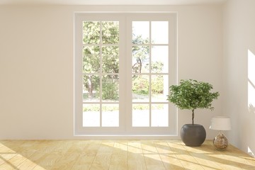 White empty room with green landscape in window. Scandinavian interior design. 3D illustration