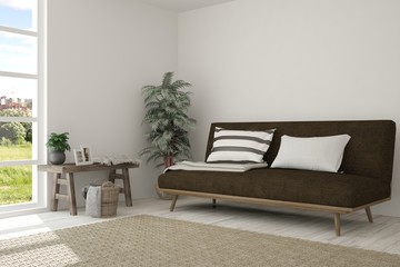 White room with sofa and green landscape in window. Scandinavian interior design. 3D illustration