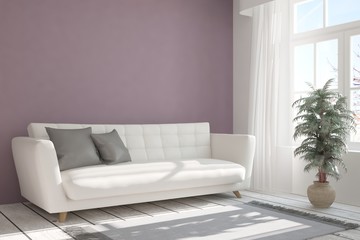 White modern room with sofa. Scandinavian interior design. 3D illustration