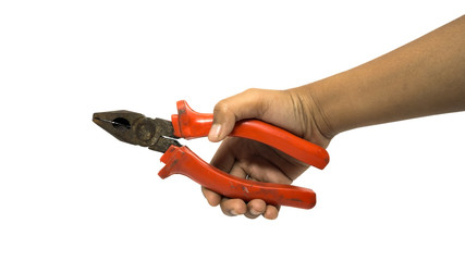 Male hand hold a red pliers isolated over white background