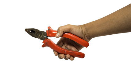 Male hand hold a red pliers isolated over white background