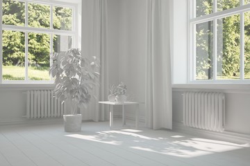 White empty room with green landscape in window. Scandinavian interior design. 3D illustration