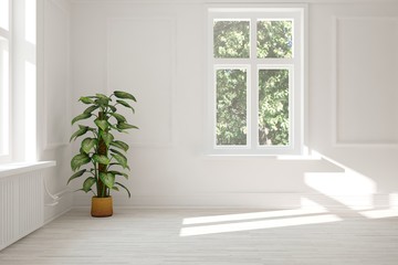 White empty room with green landscape in window. Scandinavian interior design. 3D illustration