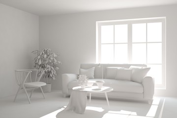 White room with sofa. Scandinavian interior design. 3D illustration