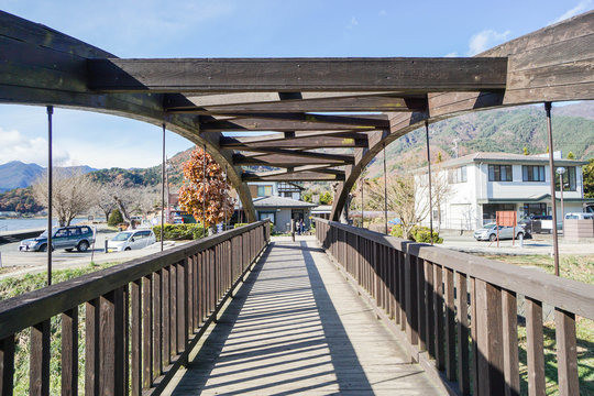 Fototapeta close up creative design wooden bridge construction taken in Tokyo, Japan on 3 December 2016