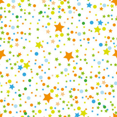 Colorful festive seamless pattern, abstract background with circles and stars on white. Infinity confetti geometric pattern. Wrapping paper. Vector illustration.