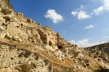 Fototapeta premium View of cave houses in Ortahisar. Cappadocia. Turkey
