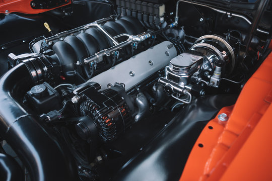 Powerful engine closeup of sports car, motor block inside